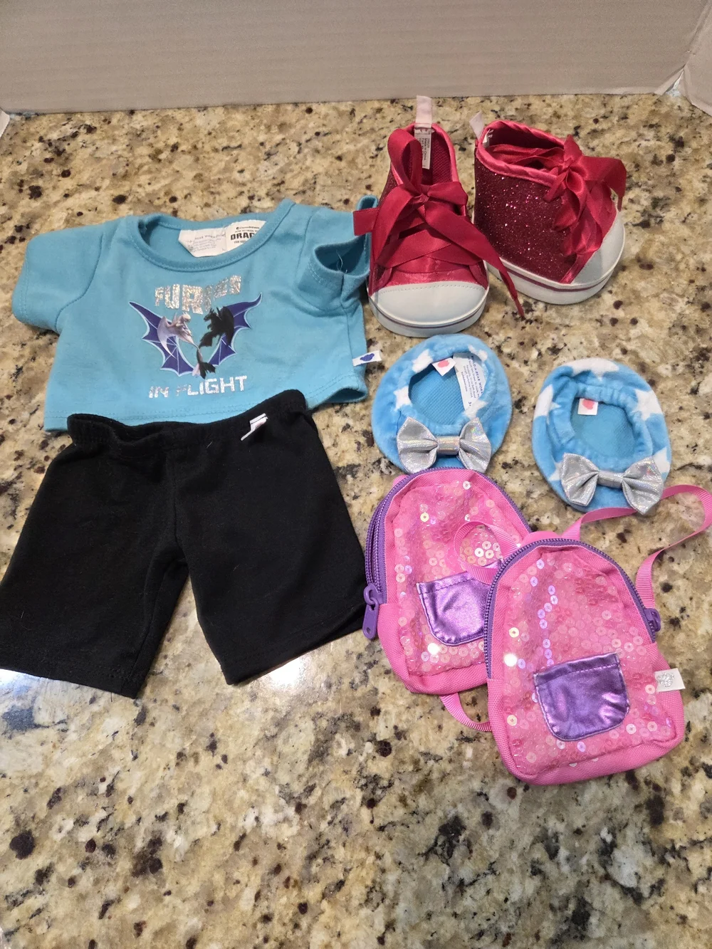 Build A Bear BAB Clothing Lot Pink Glitter Shoes Train Dragon Outfit Backpack